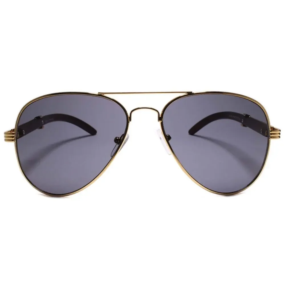 Mens Classy Elegant Retro 80s 90s Style Sunglasses Large Gold & Faux Wood Frame